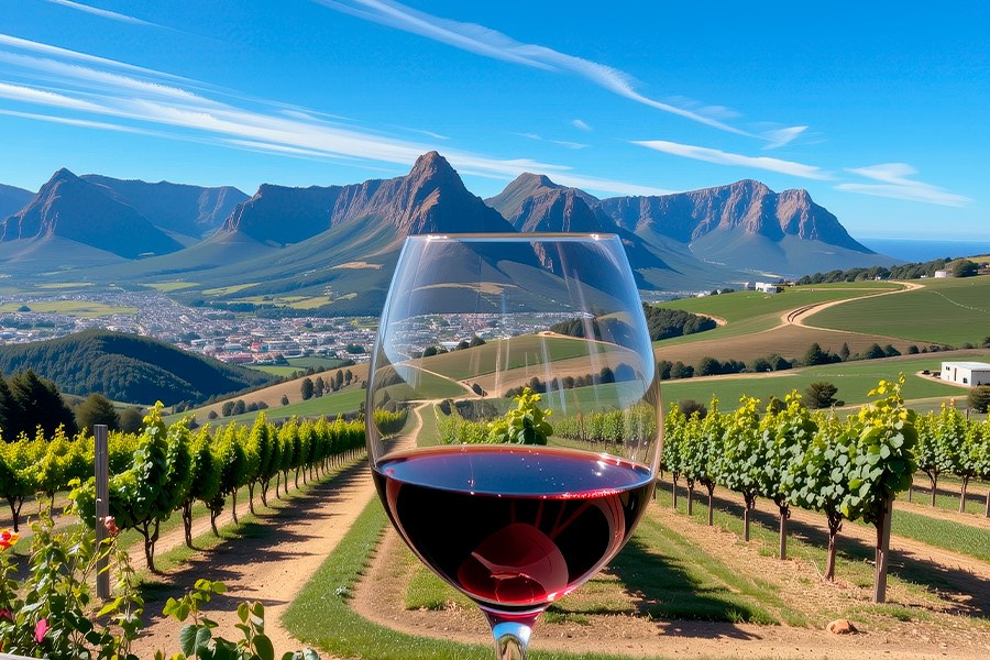 Taça de vinho diante das vinícolas e montanhas da Cidade do Cabo